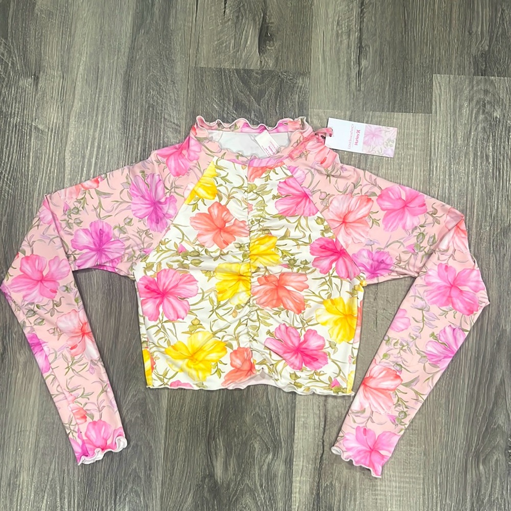 NWT LoveShackFancy tropical print long sleeve bikini top rash guard